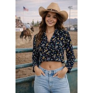 Vtg‎ Roughrider Western Rodeo Blouse Cowboy Boots Hats Spurs Print Medium